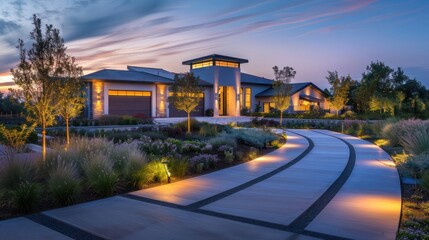 suburban ranch at dusk, with landscape lighting highlighting the architectural features and pathways