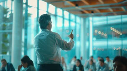 Dynamic Business Speaker's Back View Captures Intense Moment of Knowledge Sharing in Modern Glass-Walled Conference Room, Highlighting Unity, Learning Atmosphere, and Professionalism