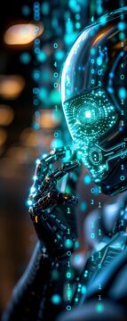 A futuristic cyborg deep in thought, surrounded by a digital matrix of code, representing artificial intelligence and advanced technology.