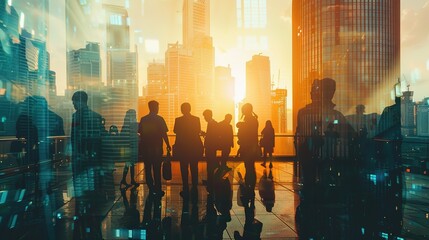 Modern Business Elite in Urban Glow, United for Corporate Operations, Showcasing Tech-Infused Collaboration Amid Dynamic Light and Shadow