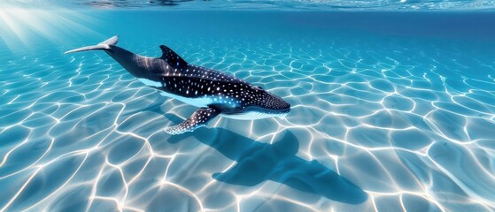 A majestic whale shark swimming gracefully in crystal clear ocean waters, with sunlight casting beautiful patterns on the sea floor.