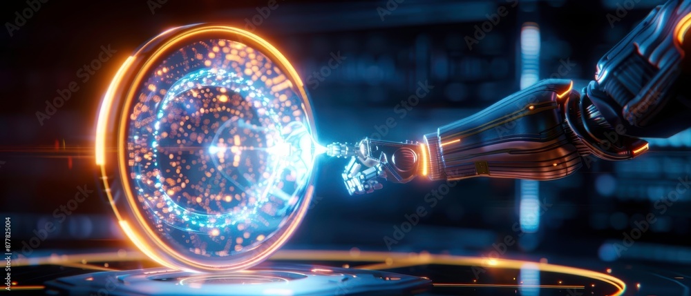 Poster a robotic arm interacts with a futuristic glowing holographic interface, demonstrating advanced tech