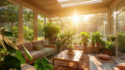 suburban ranch with a cozy sunroom extension, filled with plants and natural light