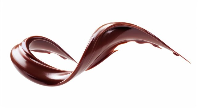 Smooth chocolate liquid ribbon twisting in midair isolated on white background high detail bright lighting