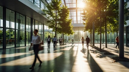 Blurred background of people walking in a modern office building with green trees and sunlight , eco friendly and ecological responsible business concept