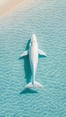 Aerial view of a beluga whale swimming in clear, shallow water near the shore, showcasing its graceful movement and serene surroundings.