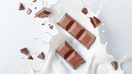 Fototapeta premium Three chocolate bars with milk splashes, white background, high shutter speed, front view, dynamic style