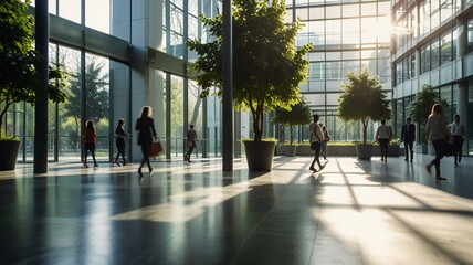 Blurred background of people walking in a modern office building with green trees and sunlight , eco friendly and ecological responsible business concept