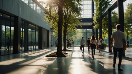 Blurred background of people walking in a modern office building with green trees and sunlight , eco friendly and ecological responsible business concept