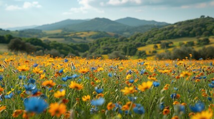 Fototapeta premium Vibrant Wildflower Field with Distant Hills