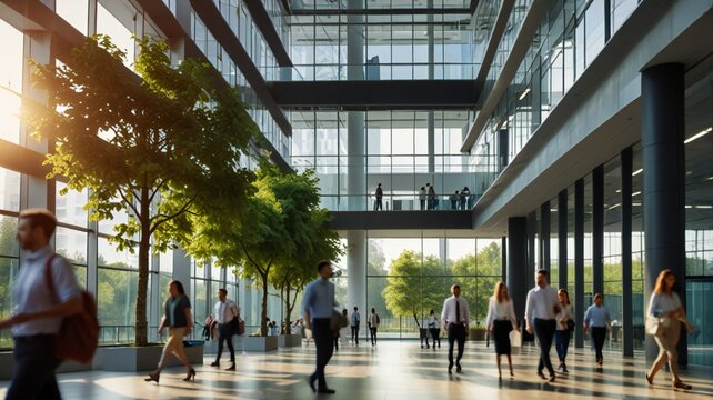 Blurred background of people walking in a modern office building with green trees and sunlight , eco friendly and ecological responsible business concept
