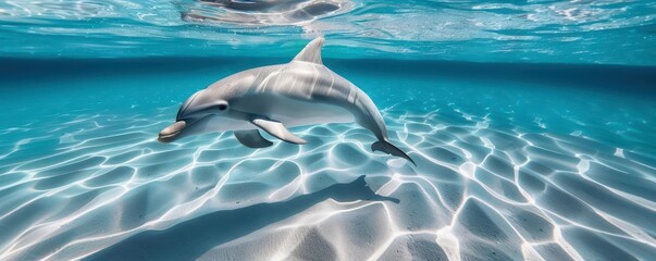 Obraz premium Beautiful underwater view of a dolphin swimming gracefully in clear blue ocean waters, with sunlight creating stunning patterns on the seabed.