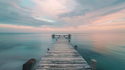 Fototapeta premium Serene Wooden Pier Extending into Tranquil Ocean at Sunset