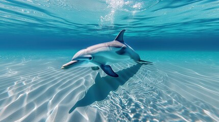 Dolphin swimming gracefully underwater in crystal clear ocean waters, casting a shadow on the rippled sandy seabed, showcasing marine life beauty.