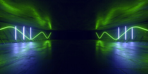 Sci Fi Spaceship Cyber Concrete Gaming Warehouse Gaming Showcase Product Garage Grunge Neon Laser Glowing Vibrant Background Empty Hangar Studio Tunnel Background 3D Rendering