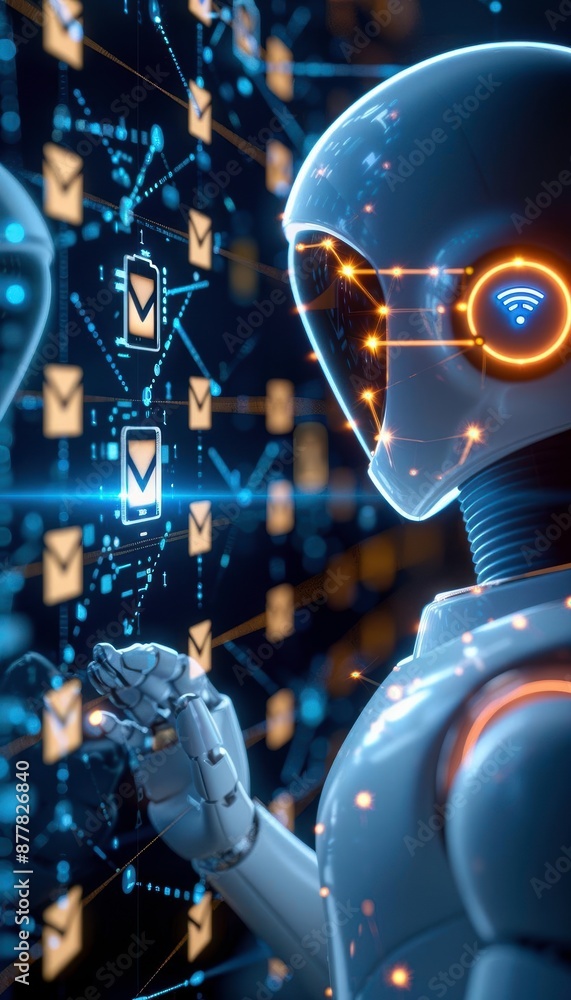 Poster futuristic robot interacting with digital email network, highlighting advanced ai technology and dig