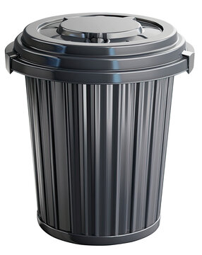 Bote de basura pl&aacute;stico color negro con tapadera. Ilustraci&oacute;n estilo 3D, con fondo transparente.