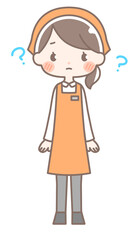 全身｜はてなマークの女性店員イラスト｜エプロン