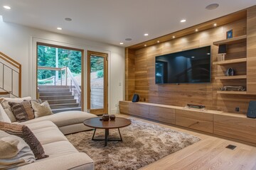 Fototapeta premium Modern Living Space: A Stylish Wooden Living Room with a Flat-Screen TV Mounted on the Wall for Contemporary Comfort