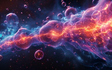 Fototapeta premium A space scene with colorful bubbles and fiery elements.