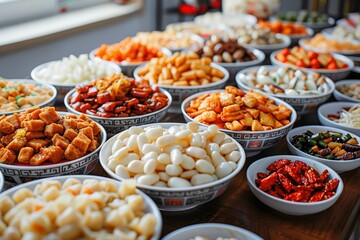 Obraz premium A close-up of traditional Chinese New Year snacks arranged neatly on a plain table. chinese new year celebration