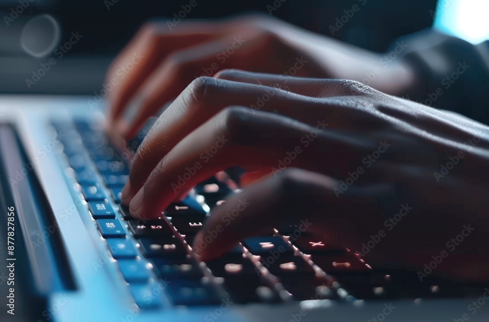 Poster closeup image of hands typing on a laptop keyboard with ambient lighting, illustrating computer work
