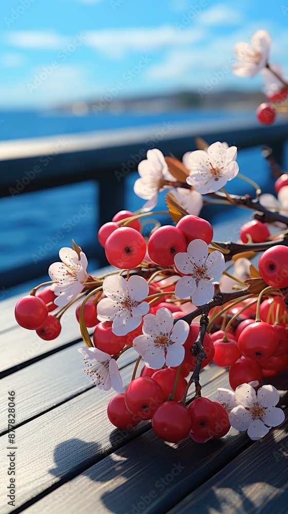 Canvas Prints a branch of a cherry blossom tree is shown with a blue background.