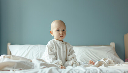 Breast cancer patient child on hospital bed. Hispanic young kid bravely fighting against breast cancer.