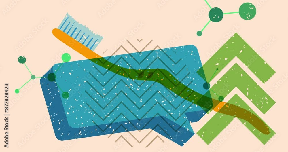 Poster risograph toothbrush and speech bubble with geometric shapes animation. moving object in trendy riso