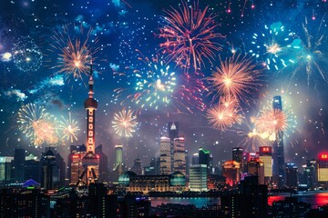 Fireworks exploding in the night sky over a silhouetted cityscape, celebrating Chinese New Year 