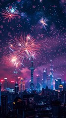 Fireworks exploding in the night sky over a silhouetted cityscape, celebrating Chinese New Year 