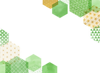 緑色と金色の六角形の和柄パターンフレーム