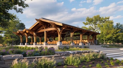 Obraz premium wooden Craftsman-style outdoor music pavilion, designed with acoustic optimizations and seating, hosting concerts and musical events in a picturesque setting