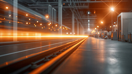 A low angle view of train tracks in an urban setting at night. The train is blurred in the distance - motion trail - creating a sense of movement - Generative AI