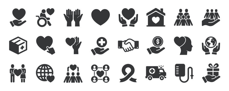 Volunteer charity glyph solid icons collection. Containing care, awareness, friendship, donate, help. For website marketing design, logo, app, template, ui, etc. Vector illustration.