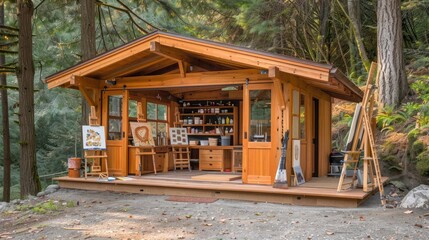 Naklejka premium wooden Craftsman-style outdoor art studio, equipped with easels and storage, providing a creative space for artists to work in nature