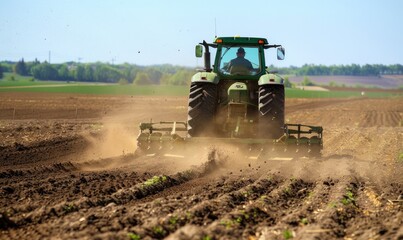 Fototapeta premium Agricultural scene - a tractor plowing the field, turning the soil for the new planting season, enhancing crop growth, and contributing to sustainable farming practices.