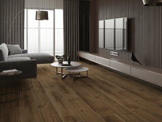 Amazing studio apartment decor with wall window grey sofa and leader light in corner, black marble on wall and living room divider, other essentials to complete the design, wooden flooring. 3D Render