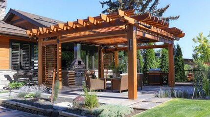 wooden Craftsman-style pergola with adjustable louvers, allowing for customizable shade and airflow in an outdoor living space