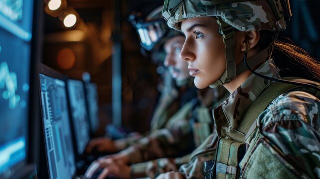 Cyber defense operations center with male and female military soldier official analysts monitoring threats in real-time, Cybersecurity analyst.