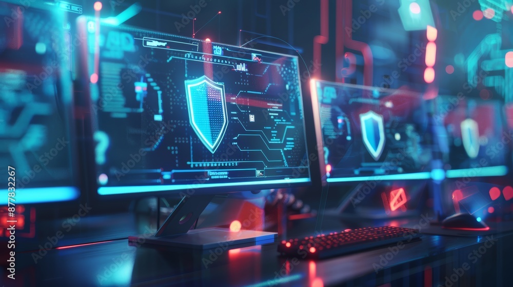 Poster computer network with security shield icon, concept of digital security for online data protection, 