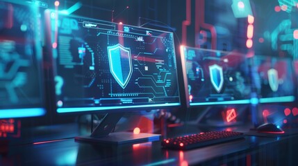 Obraz premium Computer network with Security shield icon, concept of digital security for online data protection, firewall or cyber attacks.
