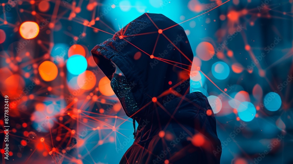Poster criminals in black hood wearing mask using computer with network connection, hacking cyber data, con