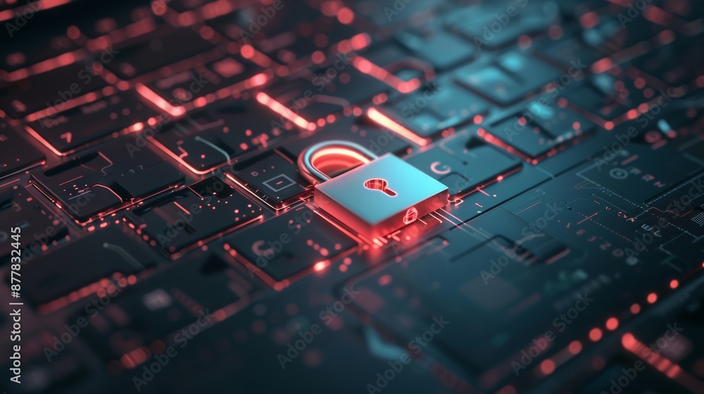 Poster a laptop with a padlock and network connection, concept of digital security for online data protecti