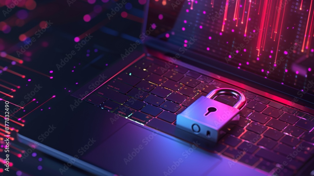 Poster a laptop with a padlock and network connection, concept of digital security for online data protecti
