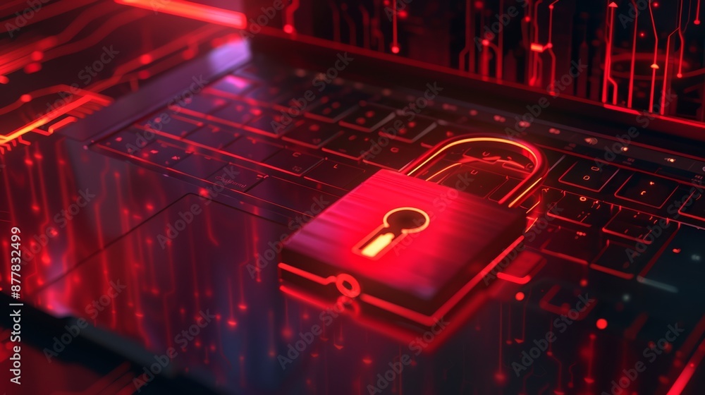 Poster a laptop with a padlock and network connection, concept of digital security for online data protecti
