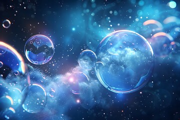 Fototapeta premium Abstract image of floating bubbles in a cosmic background with blue and purple hues.