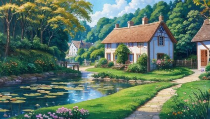 Obraz premium Landscape, oil painting on canvas, farmhouse painting, Log house. Cabin for camping. Holidays in the mountains with clouds. Beautiful forest nature. Country landscape. old rural house, Impasto artwork