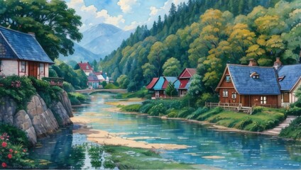 Naklejka premium Landscape, oil painting on canvas, farmhouse painting, Log house. Cabin for camping. Holidays in the mountains with clouds. Beautiful forest nature. Country landscape. old rural house, Impasto artwork