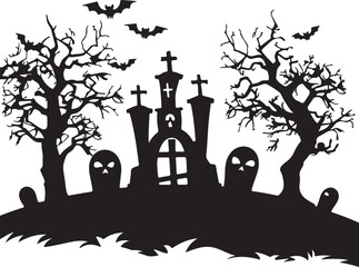 Halloween Graveyard Silhouette Vector Illustration White Background